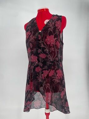 BCBGeneration Chiffon Floral Sheer Faux Wrap Tank Top Tunic Asymmetrical Hem